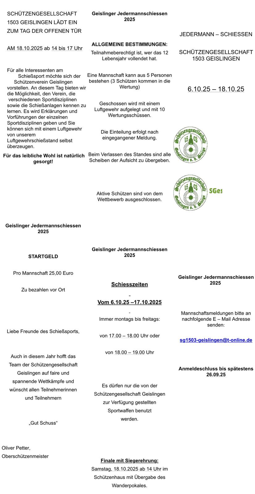 Informationen Jedermannschießen 2025